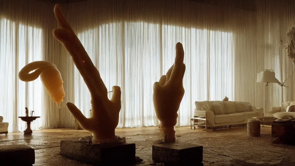 Prompt: a giant hand made of wax and water floats through the living room, film still from the movie directed by Denis Villeneuve with art direction by Salvador Dalí, wide lens