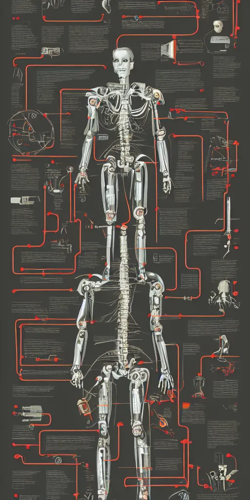 Image similar to anatomy of the terminator, robot, cyborg, t100, diagrams, infographic by Wes Anderson and victo ngai