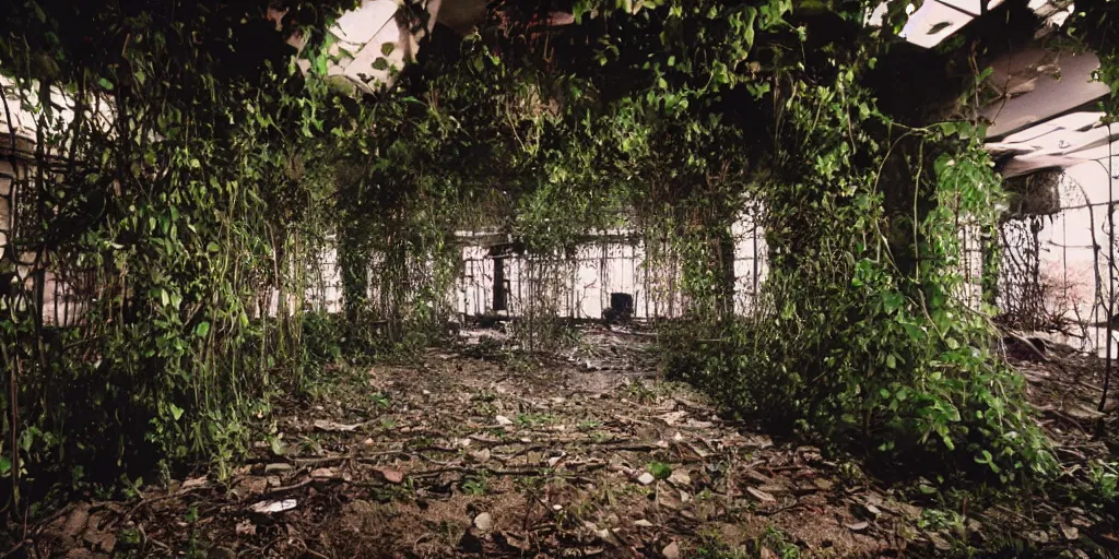 Prompt: an urban exploration photograph of lonely creepy liminal space within an abandoned underwater mcdonalds playplace with tube waterslides and retro arcade machines overgrown with vines photograph taken on kodak film