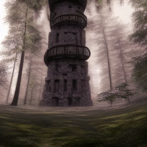 Prompt: wide angle shot of a ancient tower in a clearing of a fairytale forest, ethereal, pastel tones, mist and fog, concept art, blender render, highly detailed, 4 k, 8 k, artstation