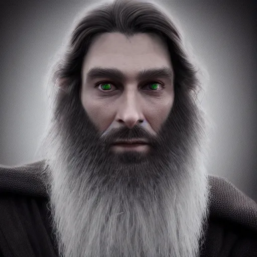 Prompt: a highly detailed portrait of a man without a beard, purple eyes, light gray long hair, wearing a black cloak, artstation, DeviantArt, professional, octane render