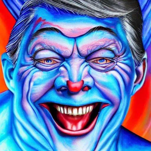 Image similar to president donald j clinton trump as a smiling laughing bright blue lizard person, airbrush painting, hyper detailed, 8 k, photorealism, rule of thirds, glitter.