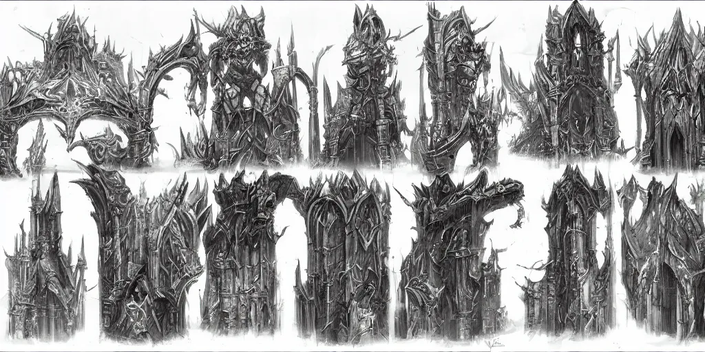 Prompt: a set of fantasy architectural concepts, drawn by yoshitaka aman, world of warcraft, dungeons and dragons, concept art, sketch.