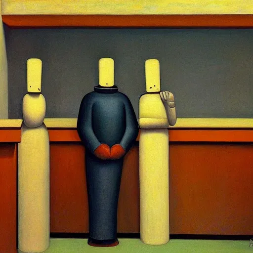 Image similar to three brutalist robot bishops in a study chambers, grant wood, pj crook, edward hopper, oil on canvas