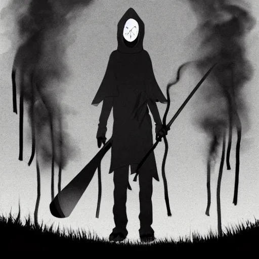 Image similar to a close shot of grim reaper standing in black smoke by studio ghibli, detailed, gloomy, horror, scary, digital art,