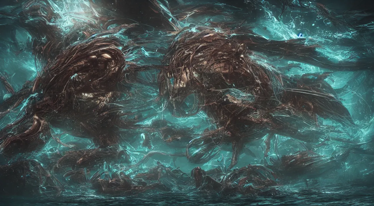 Image similar to huge and creepy sea-creatures from the deep sea glowing in the dark, large scale, breathtaking, mixed media, digital art, trending on artstation, 8k, epic composition, highly detailed, AAA graphics