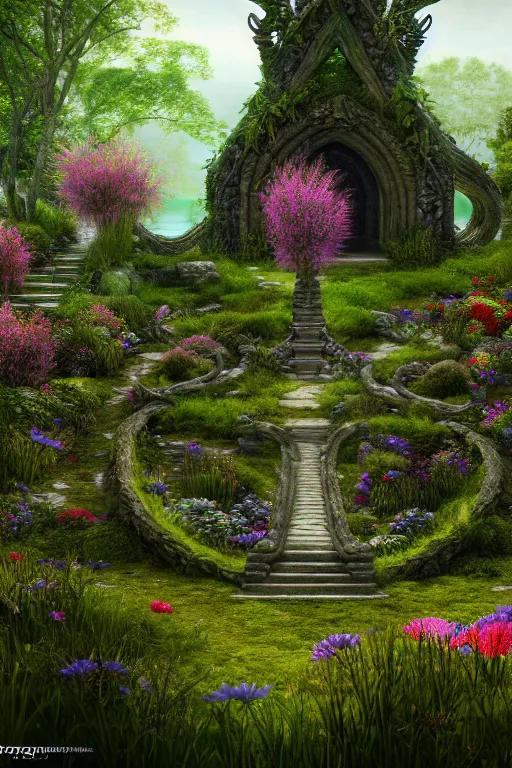 Image similar to photography of a hyper realistic lost celtic elven temple in a magical fantasy garden, lake, colorful flowers, epic scale, insanely complex, hyperdetailed, sharp focus, hyper realism, artstation, cgsociety, 8 k, bright colors, by takato yamamoto caspar friedrich, albert bierstadt, james gurney, unreal engine 5