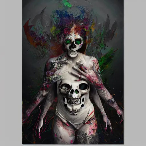 Image similar to full body pose, hyperrealistic mixed media painting of beautiful skull woman, dim volumetric lighting, 8 k, octane beautifully detailed render, extremely hyper detailed, intricate, epic composition, cinematic lighting, masterpiece, trending on artstation, very very detailed, masterpiece, stunning, hdr, smooth, sharp focus, high resolution, award, winning photo, dslr, 5 0 mm