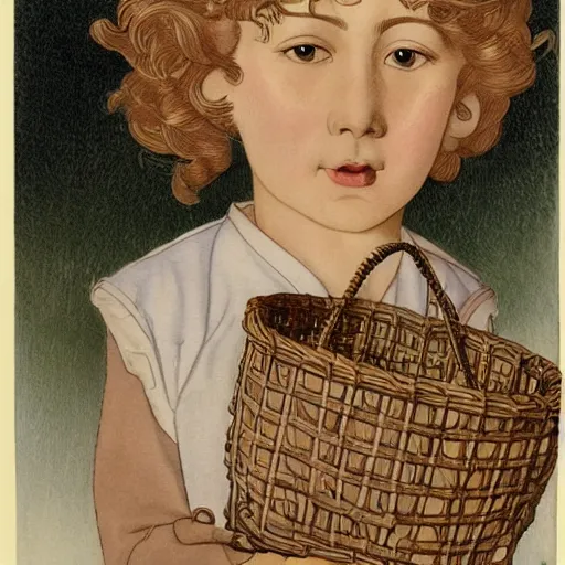 Prompt: a boy with long black curly hair, round face holding a loaf of bread in a basket. By JC Leyendecker. By Yasunari ikenaga .