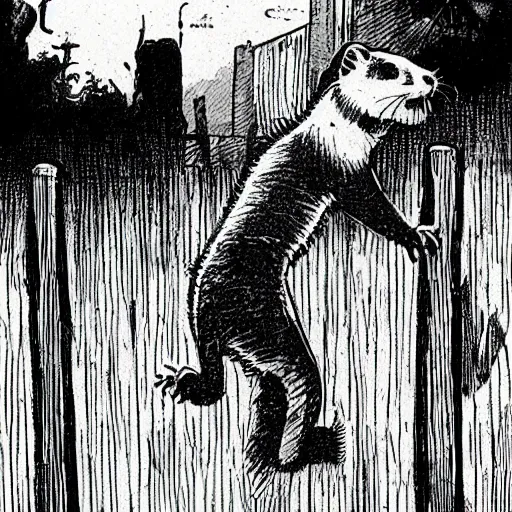 Prompt: A ferret walking on top of a fence. Dark Fantasy, Film Noir, Black and White. High Contrast, Mike Mignola, D&D, OSR