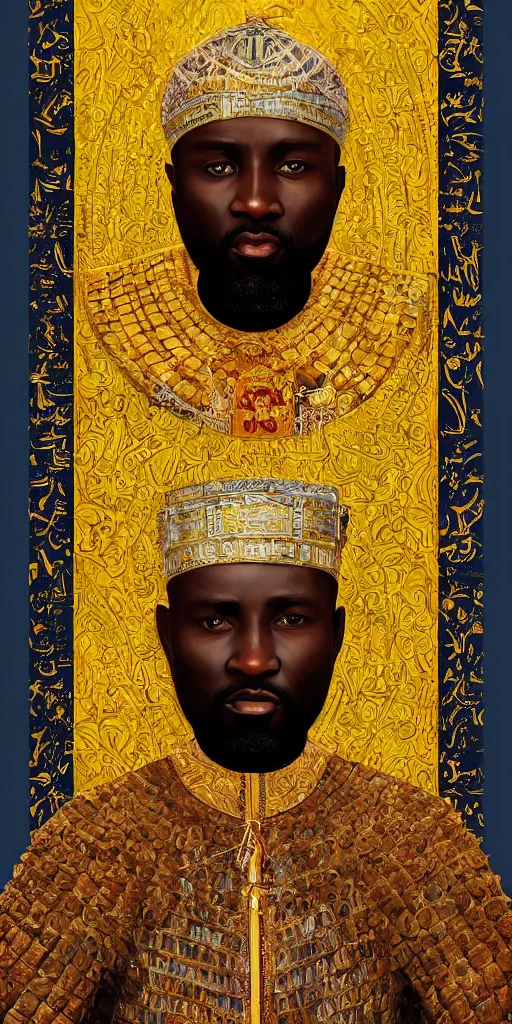 Prompt: a stunning and noble highly detailed romantic period style portrait of Mansa Musa by Josep Tapiró Baró, trending on artstation, oil painting masterpiece, symmetry, African iconography