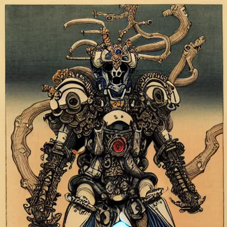 Image similar to still frame from Prometheus by Utagawa Kuniyoshi, lich king Dr doom in ornate bio cybernetic bone armour and skull mask helmet in hells bioship by Wayne Barlowe by peter Mohrbacher by Giger, dressed by Alexander McQueen and by Neri Oxman, metal couture hate couture editorial