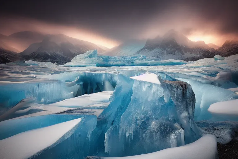 Image similar to moody landscape photography by marc adamus, ice vcave, blue, wide angle