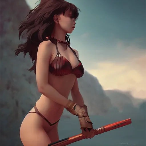 Image similar to kodak portra. by wlop, ilya kuvshinov, krenz cushart, greg rutkowski, trending on pixiv. zbrush sculpt, octane, maya, houdini, vfx. cute amazon woman wearing bikini armor. digital painting. cinematic dramatic atmosphere, sharp focus, volumetric lighting.