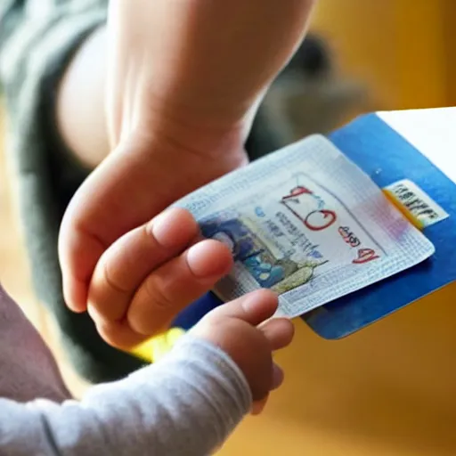 Image similar to a child exchanging a ticket for a coin from an adult, photorealistic