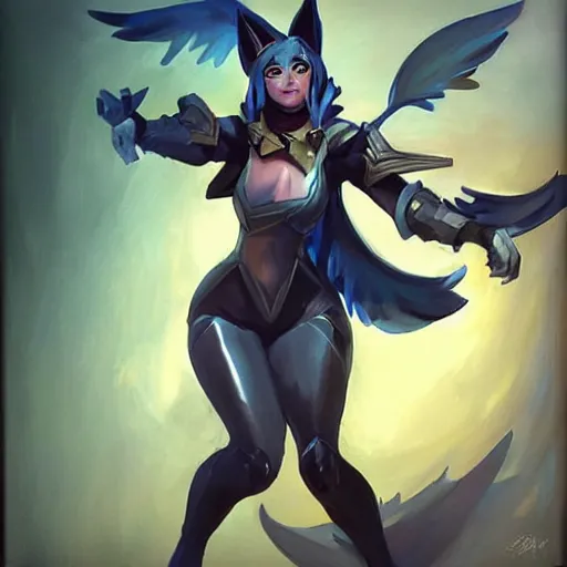 Image similar to greg manchess portrait painting of partially armored ahri from league of legends as overwatch character, medium shot, asymmetrical, profile picture, ambient occlusion, organic painting, sunny day, matte painting, bold shapes, hard edges, street art