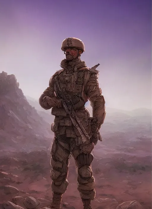 Image similar to purple lighting, detailed character concept illustration, strong muscular mature soldier in a soldier uniform, desert with city in the background, sharp focus, illustration, highly detailed, digital painting, concept art, matte, art by wlop and artgerm and greg rutkowski, masterpiece