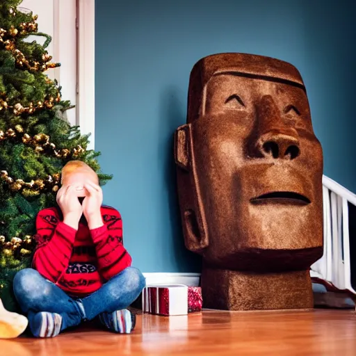 Image similar to a kid at christmas disappointed and sad that his present was a giant moai statue | inside of a house next to a christmas tree