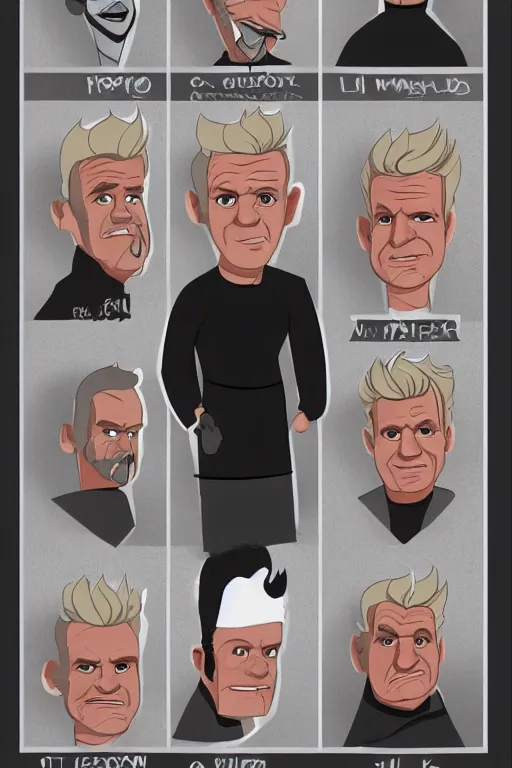 Prompt: gordon ramsay character design sheet