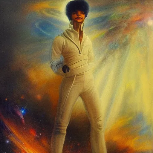 Image similar to a painting of prince in space in the style of jmw turner. trending on artstation.