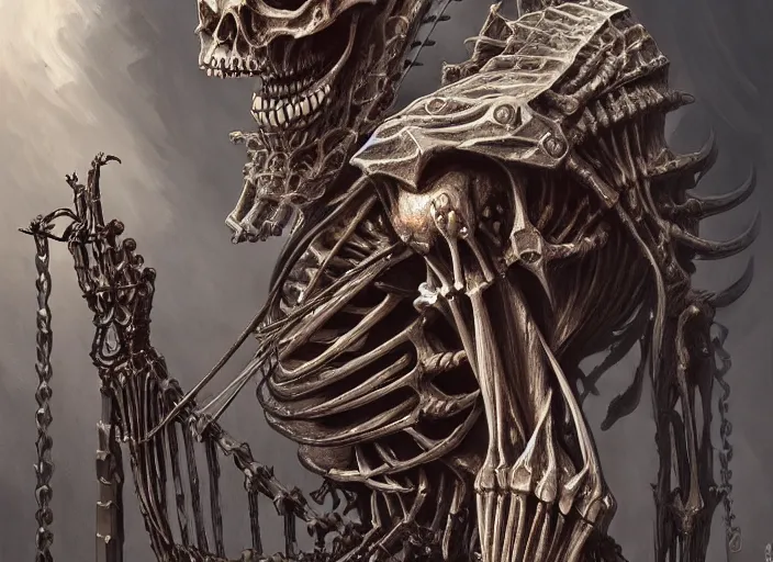 Image similar to an intricate skeletal mechanical evil warrior, highly detailed 4 k painting, dramatic cold light, style of gerald brom