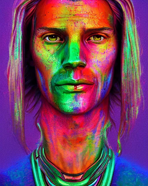 Image similar to colorful bust portrait of a hippie from the future, set in the future 2 1 5 0 | highly detailed face | very intricate | symmetrical | professional model | cinematic lighting | award - winning | painted by mandy jurgens | pan futurism, dystopian, bold colors, cyberpunk, groovy vibe, anime aesthestic | featured on artstation