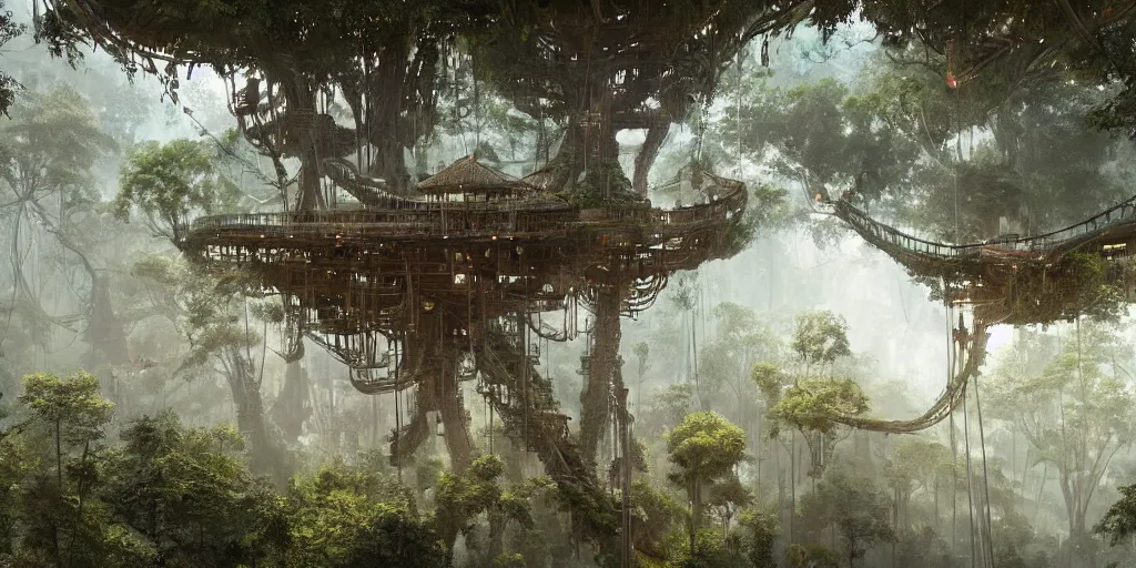 Image similar to a vast treehouse city built in an ancient forest, rope bridges, greg rutkowski, 8 k, shallow depth of field, intricate detail, concept art,