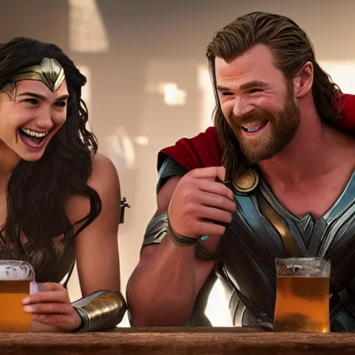 Image similar to cinematic film scene of Thor Chris Hemsworth and wonder woman gal gadot laughing having a beer, MCU, photo realistic, ultra detailed, trending on artstation, concept art, unreal engine render, 16k