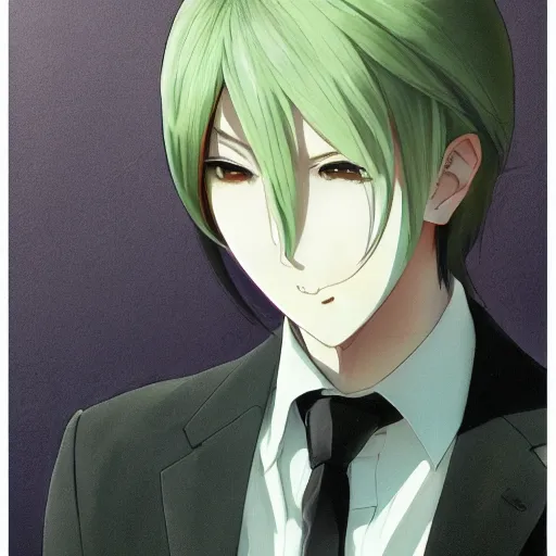 Image similar to full body portrait character concept art, anime key visual of decadent green long straight hair young anime male in black suit, green long straight hair and brown eyes, finely detailed perfect face studio lighting delicate features directed gaze, gapmoe kuudere grimdark, trending on pixiv fanbox, painted by greg rutkowski makoto shinkai takashi takeuchi studio ghibli