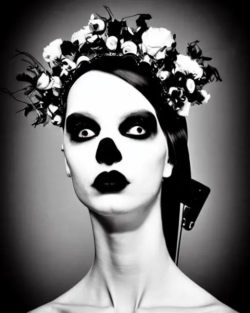 Image similar to dreamy surreal poetic black and white photo of a beautiful young bio-mechanical-female-cyborg-robot with a very long neck and a super big gothic lace collar and a very high big floral crown with many black dry roses by Vivienne Westwood:: smoke, high fashion, haute couture, rococo, avant-garde, elegant, dreamy, hyper realistic, 150 mm lens, soft rim light, octane render, unreal engine, picture was taken in 1910 by Dora Maar, volumetric lighting, dramatic light,8k,