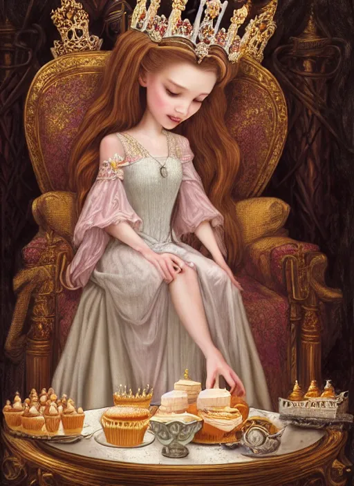 Prompt: highly detailed closeup, straight fingers, portrait of a fairytale medieval princess wearing a crown and sitting on a throne eating cakes, unreal engine, nicoletta ceccoli, mark ryden, earl norem, lostfish, global illumination, god rays, detailed and intricate environment