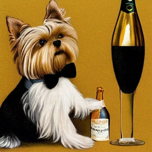 Image similar to a Yorkshire terrier wearing a black bow tie and drinking a bottle of champagne on a yacht in heaven, extremely detailed masterpiece, illustration, by Michael Sowa,