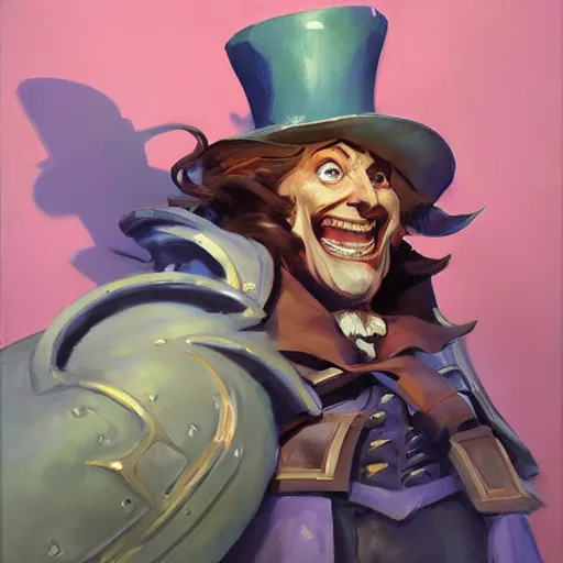 Image similar to greg manchess portrait painting of partially armored mad hatter from alice in wonderland as overwatch character, wacky, medium shot, asymmetrical, profile picture, organic painting, sunny day, matte painting, bold shapes, hard edges, street art, trending on artstation, by huang guangjian and gil elvgren and jesper ejsing