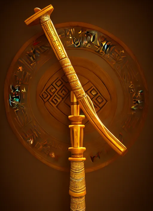 Image similar to rpg item render, a single egyptian wood staff made of gold, ancient symbols, bright, Unreal 5, DAZ, hyperrealistic, octane render, dynamic lighting