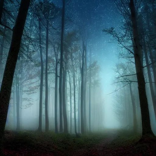 Image similar to a beautiful forest at dusk, fog, fantasy, starry night sky