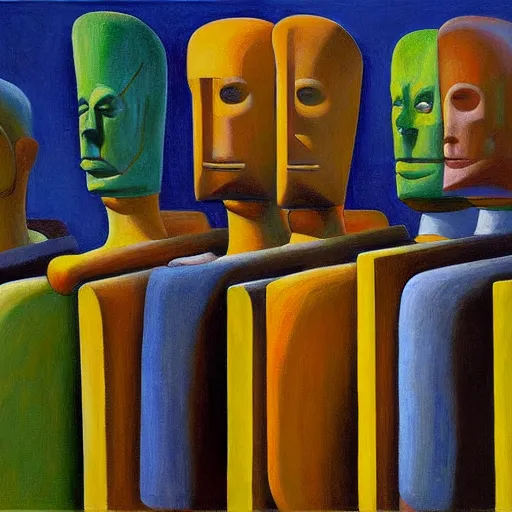 Image similar to queue of robot druids portrait, grant wood, pj crook, edward hopper, oil on canvas