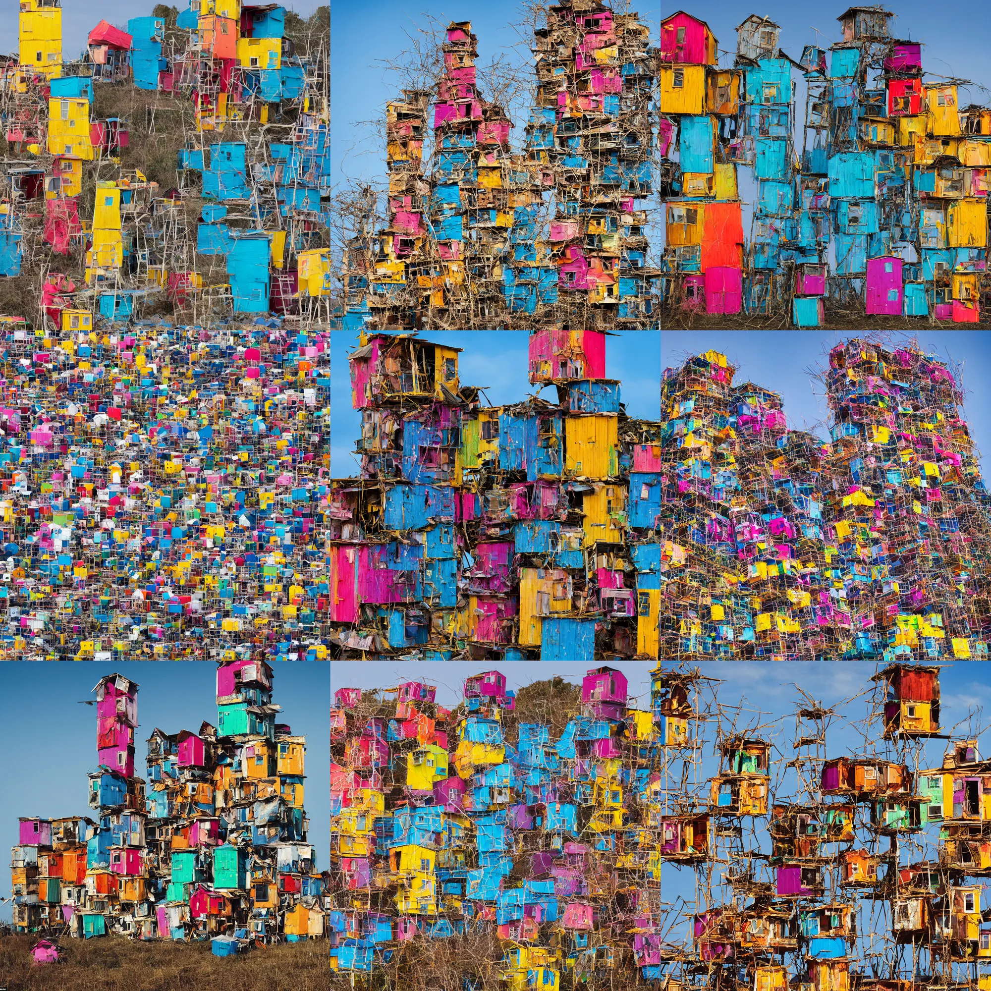 Prompt: a tower made up of makeshift squatter shacks with bright colours, mamiya, 8 5 mm, f 1. 7, uniform plain sky, digital glitches, photographed by nick knight