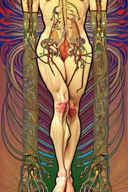 Image similar to extremely psychedelic anatomically accurate diagram of the full human muscular system, full body, intricate parts, fine details, hyper realistic, elegant minimalism, by seichen, alphonse mucha, surreal