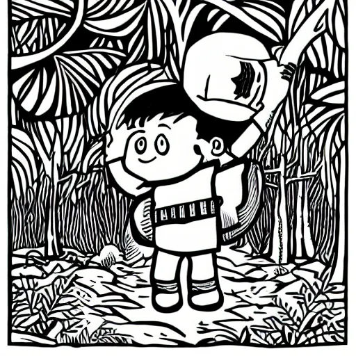 Image similar to mcbess illustration of a little boy with a backpack in a forest