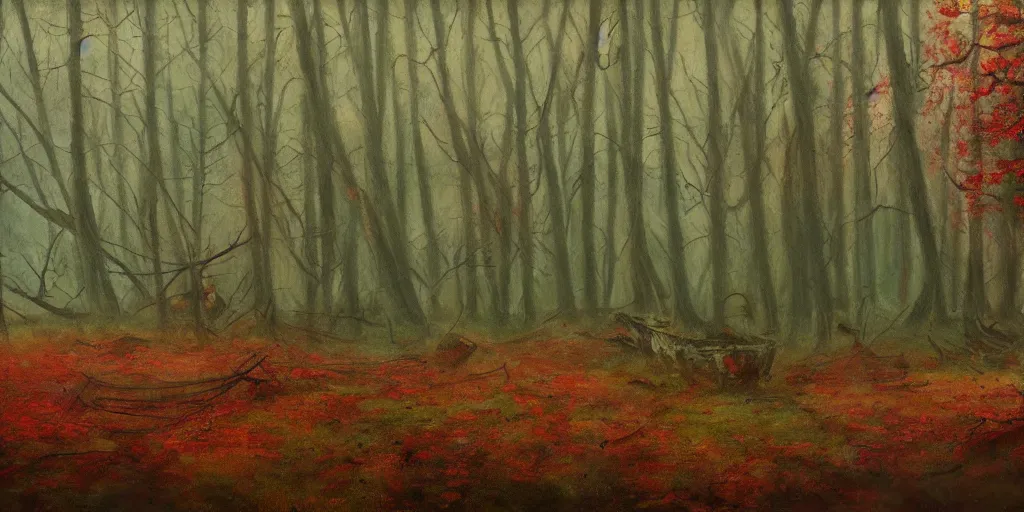 Image similar to an old broken ship in an autumn forest, green and red tones, by Aron Wiesenfeld and beksincki, cinematic, detailed illustration, nature, fog, dark colors, suspense, intricate, 8k