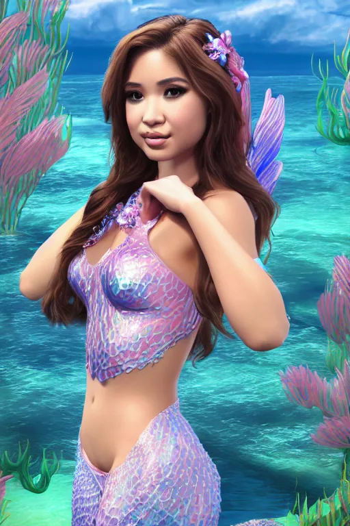 Prompt: pokimane in a mermaid outfit fantasy, highly detailed face, 8 k