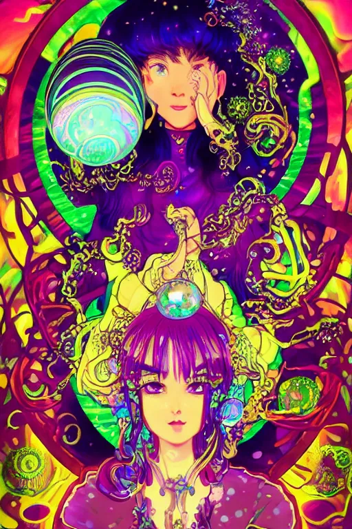 Image similar to psychedelic, acid trip, intricate, highly detailed, anime, 4k, beautiful seductive slime girl holding a huge orb containing the universe, with professional makeup, long trippy hair, surrounded by gems, underneath the stars, trending on patreon, deviantart, twitter, artstation, volumetric lighting, heavy contrast, by artgerm and Ilya Kuvshinov and alphonse mucha, interstellar galaxy