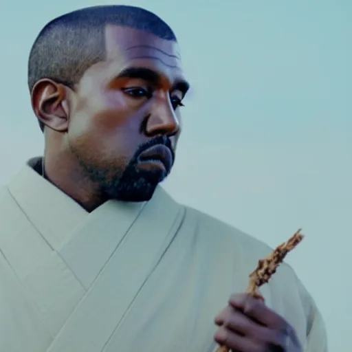 Image similar to cinematic film still of Kanye West starring as a Japanese Sensei with fire, Japanese CGI, VFX, 2003, 40mm lens, shallow depth of field, film photography