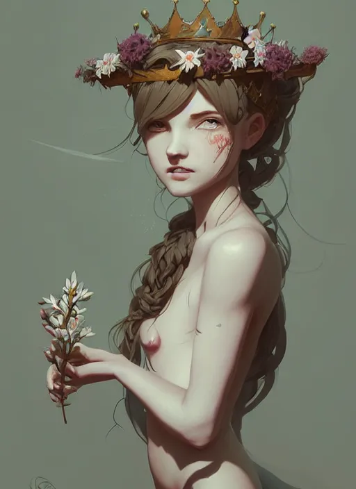 Prompt: portrait of cute nymph girl with crown of flowers with celtic tattoos, fantasy, by atey ghailan, by greg rutkowski, by greg tocchini, by james gilleard, by joe gb fenton, by in kaethe butcher, dynamic lighting, gradient light blue, brown, blonde cream and white color in scheme, grunge aesthetic