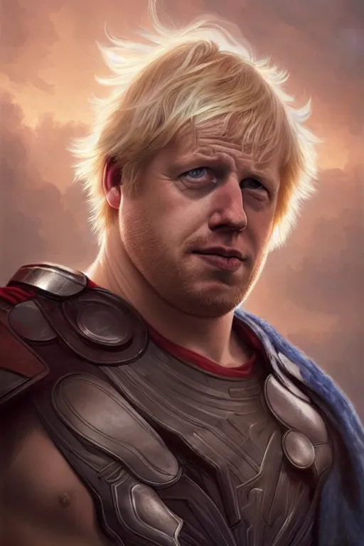 Image similar to Boris Johnson as Thor, Boris Johnson hairstyle, masculine figure, highly detailed, digital painting, artstation, concept art, smooth, sharp focus, illustration, cinematic lighting, art by artgerm and greg rutkowski and alphonse mucha