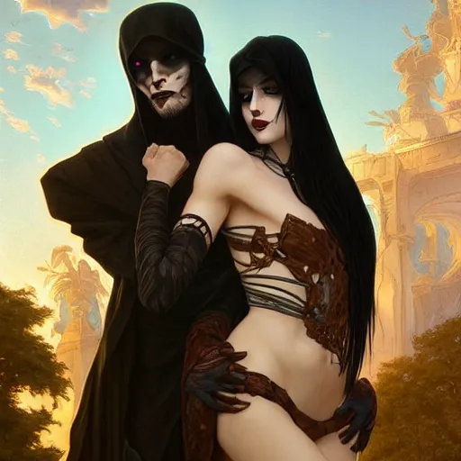 Image similar to a tall goth girl and a strong buff handsome man, family photo, cute, intricate, highly detailed, digital painting, artstation, concept art, smooth, sharp focus, illustration, unreal engine 5, 8 k, art by artgerm and greg rutkowski and alphonse mucha