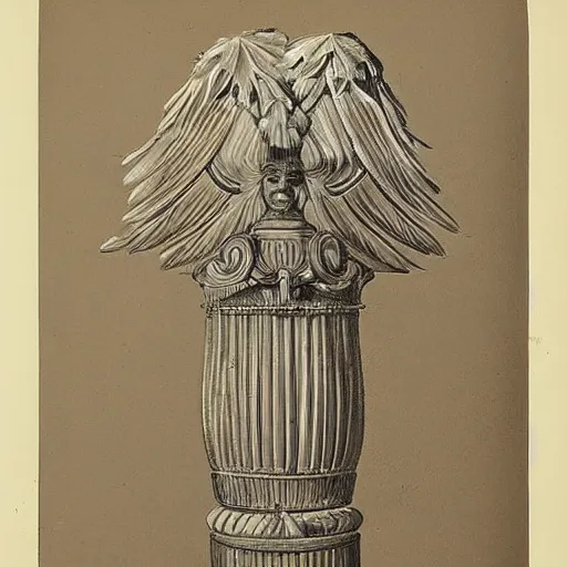 Image similar to an unknown ethnographic object, anthropology, feathers, in the style of corinthian capital by giocondo albertolli ( italian 1 7 4 2 - 1 8 3 9 ). medium : pen and brown ink, brush and gray wash on laid paper