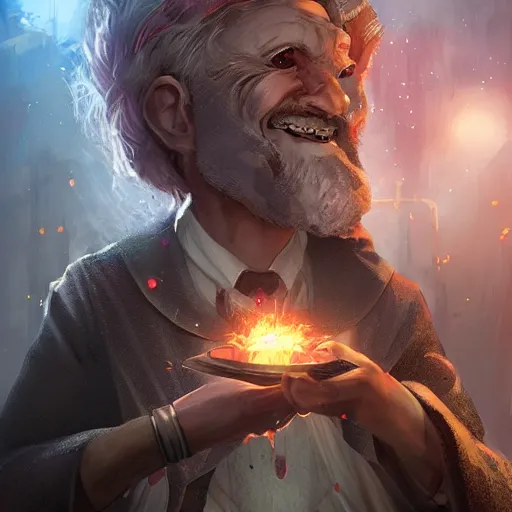 Image similar to a wizard that looks like an average person destroying a city with magic while laughing, high quality digital art trending on artstation