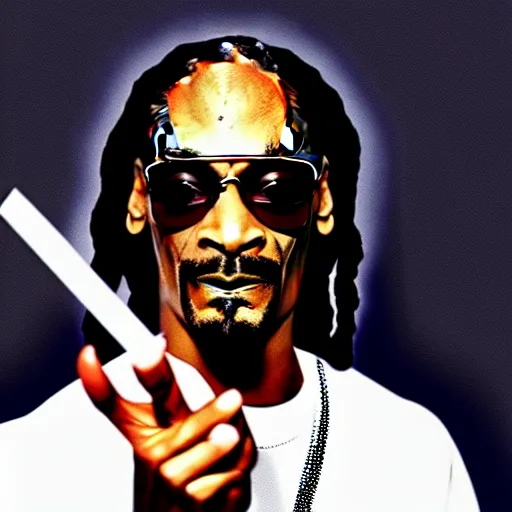 Image similar to Snoop Dog with big eyes eye color red , smiling and holding a joint in his hand