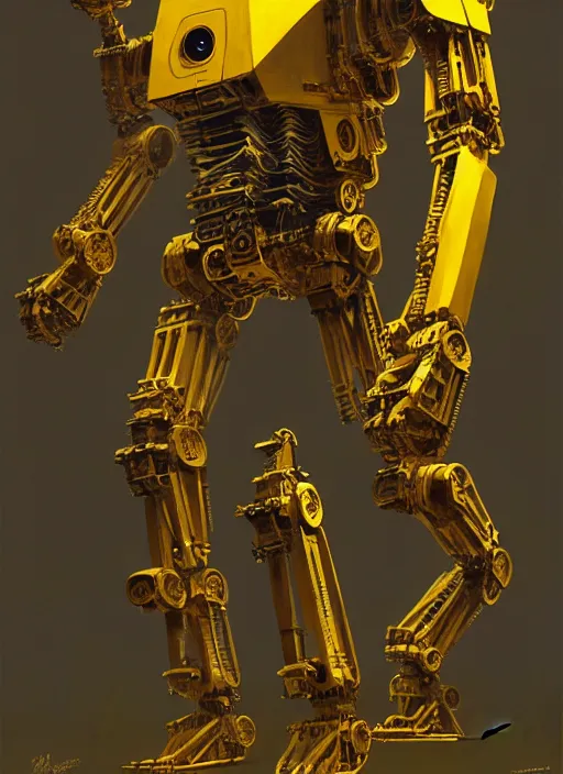 Prompt: human-sized strong intricate yellow pit droid, pancake flat head, exposed metal bones, painterly humanoid mecha, full body, sharp focus, by Greg Rutkowski